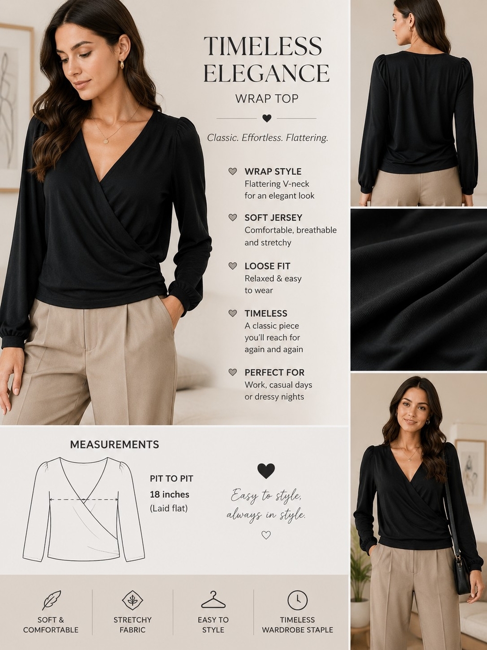 Reitmans Black Wrap V-Neck Long Sleeve Top